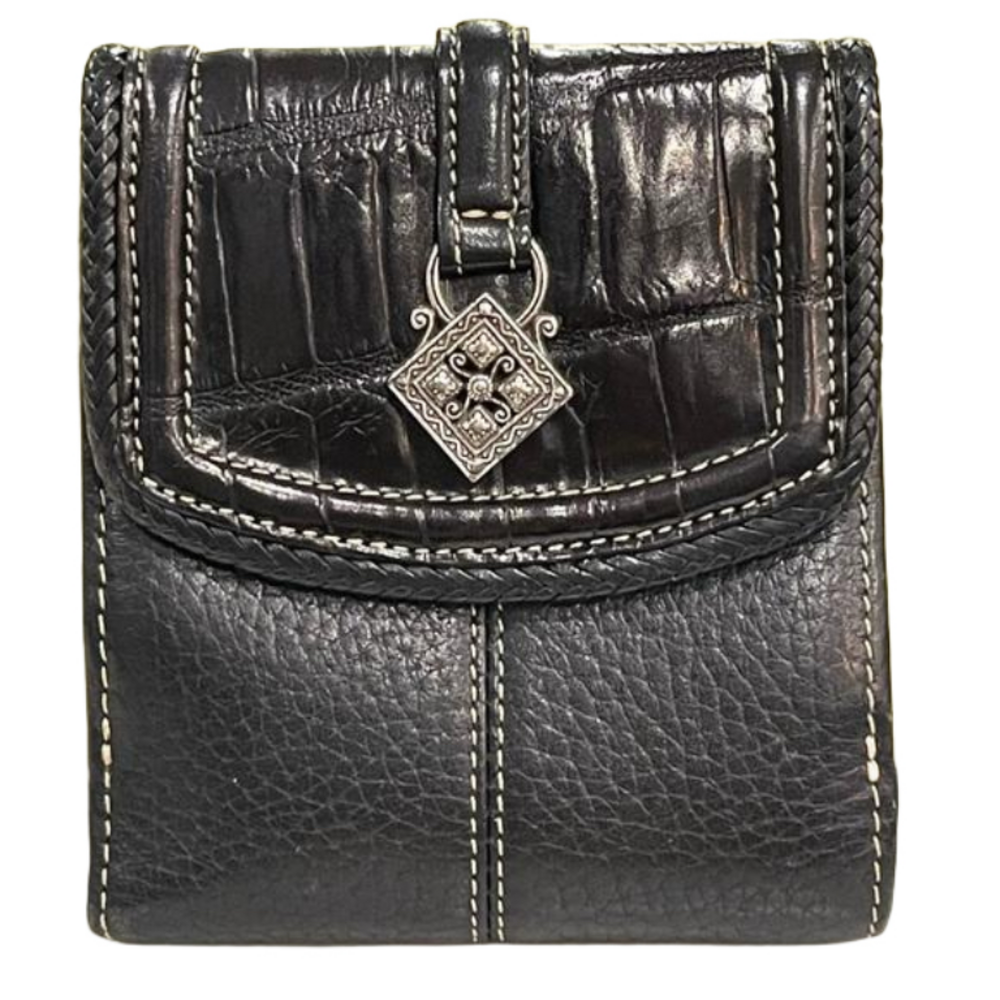 Brighton wallet, black, leather crock, embossed trifold clutch organizer